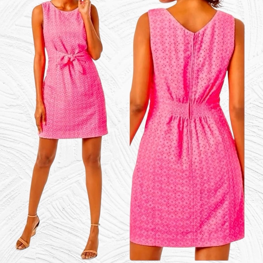 Lilly Pulitzer Clarise Dress Lace Shift Mini Tie Waist Pink Isle Ditsy Diamond 0